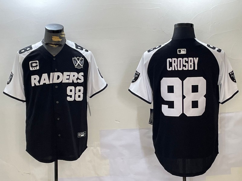 Men's Las Vegas Raiders #98 Maxx Crosby Black Thanksgiving With Nevada Silver Stat Map 65th 3-Star C Patch Limited Stitched Baseball Jersey