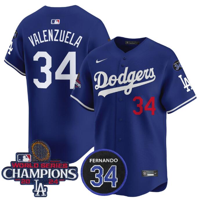 Men's Los Angeles Dodgers #34 Fernando Valenzuela Royal 2024 World Series Champions With Fernando Memorial Patch Alternate Limited Stitched Baseball Jersey