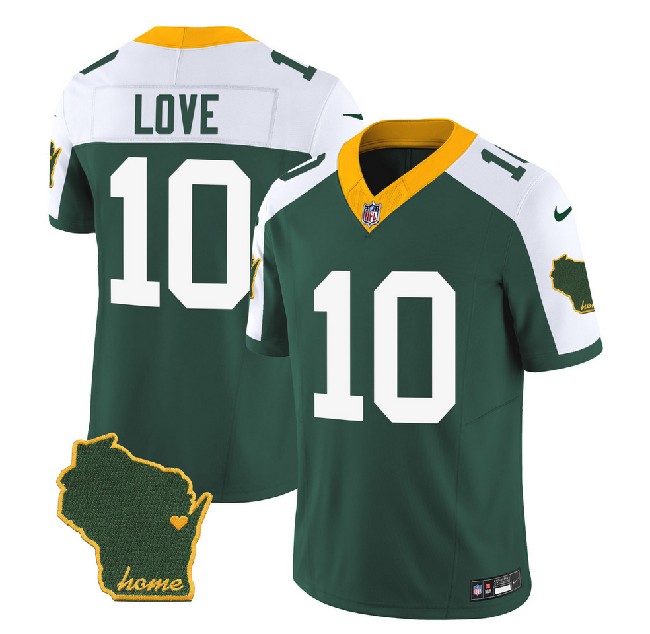 Men's Green Bay Packers #10 Jordan Love Green White 2023 F.U.S.E. Home Patch Vapor Untouchable Limited Stitched Jerseys