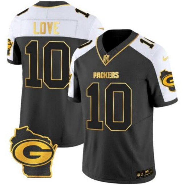 Men's Green Bay Packers #10 Jordan Love Black White Gold 2024 F.U.S.E. Home Patch Vapor Untouchable Limited Stitched Jersey