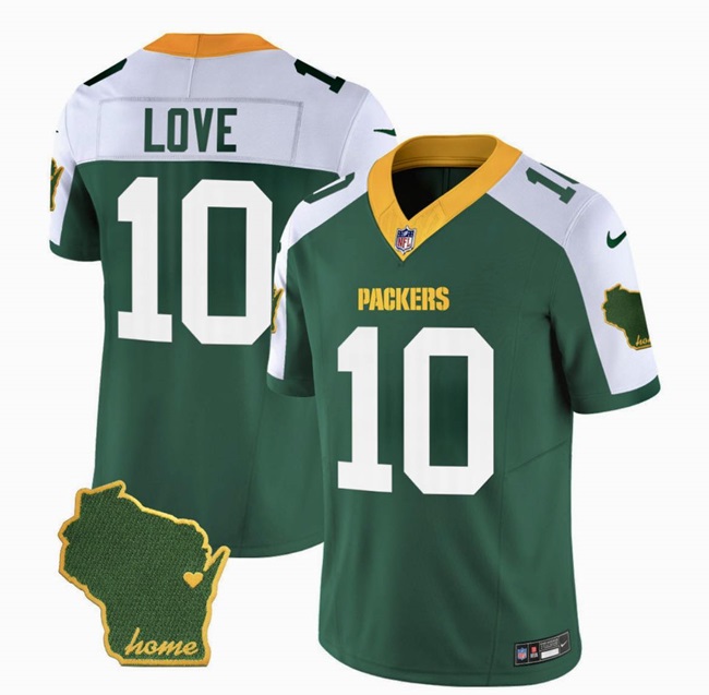 Men's Green Bay Packers #10 Jordan Love Green White 2023 F.U.S.E. Home Patch Vapor Untouchable Limited Stitched Jersey