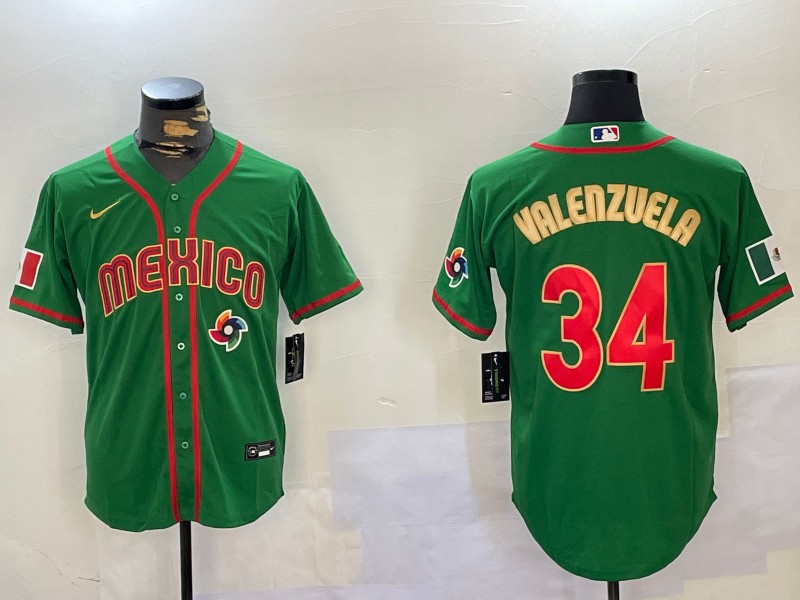 Men's Mexico Baseball #34 Fernando Valenzuela 2023 Green Gold World Classic Stitched Jersey 03