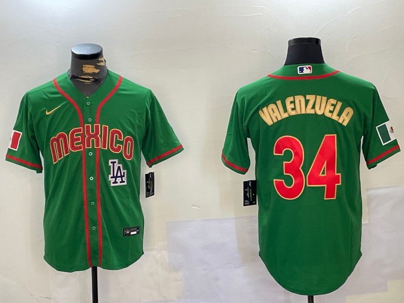 Men's Mexico Baseball #34 Fernando Valenzuela 2023 Green Gold World Classic Stitched Jersey 05