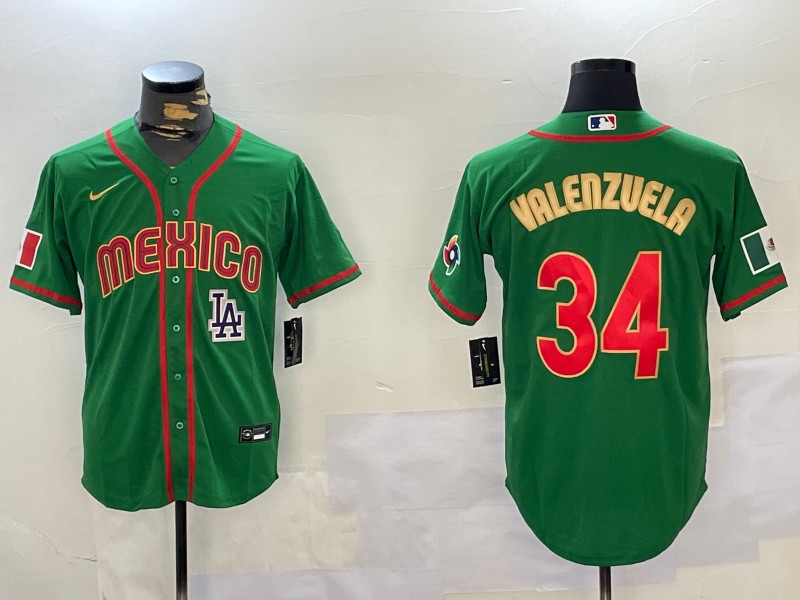 Men's Mexico Baseball #34 Fernando Valenzuela 2023 Green Gold World Classic Stitched Jersey 06