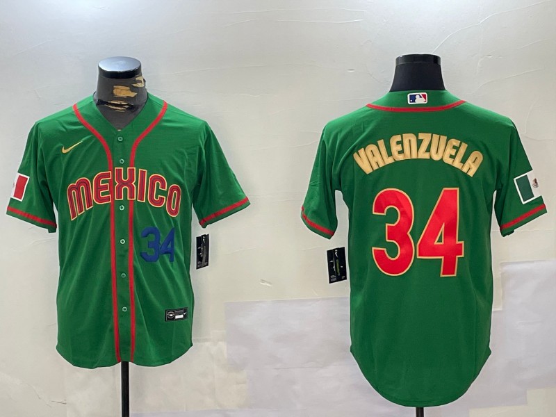 Men's Mexico Baseball #34 Fernando Valenzuela Number 2023 Green Gold World Classic Stitched Jersey 07