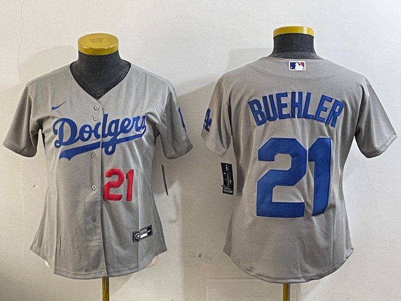 Women's Los Angeles Dodgers #21 Walker Buehler Number Grey Stitched Cool Base Nike Jersey