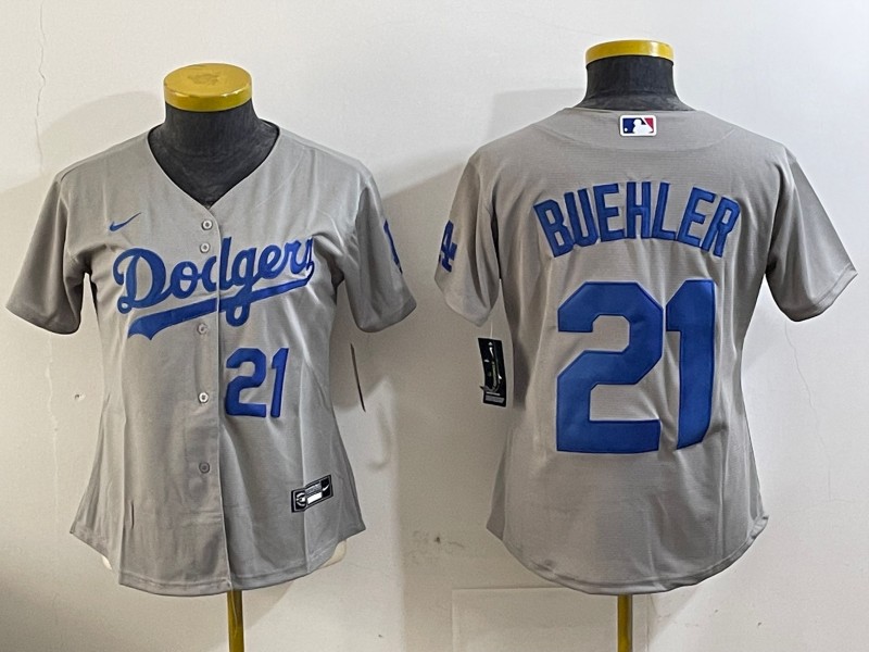 Women's Los Angeles Dodgers #21 Walker Buehler Number Grey Stitched Cool Base Nike Jerseys