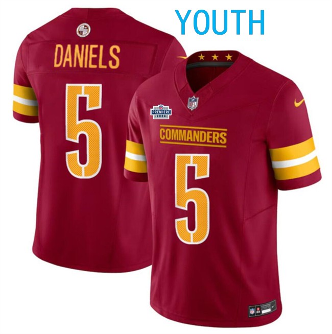 Youth Washington Commanders #5 Jayden Daniels Burgundy 2024 With Draft Patch F.U.S.E Vapor Limited Stitched Football Jersey