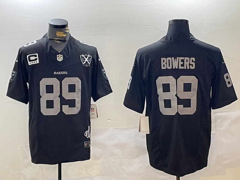 Men's Las Vegas Raiders #89 Brock Bowers Black With Nevada Silver Stat Patch And 65th Anniversary Patch 3-Star C Patch Stitched Baseball Jersey