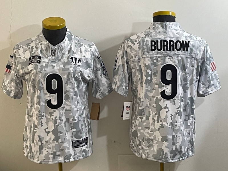 Women's Cincinnati Bengals #9 Joe Burrow 2024 F.U.S.E Arctic Camo Salute to Service Limited Stitched Football Jersey