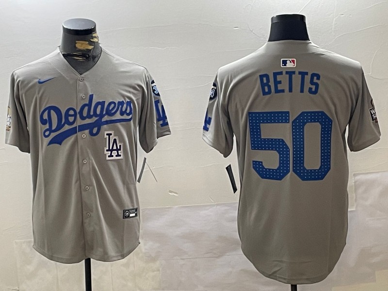 Men's Los Angeles Dodgers #50 Mookie Betts Fashion Grey With 34 Fernando Memorial & 2024 WS Patch Cool Base Stitched Baseball Jersey 03