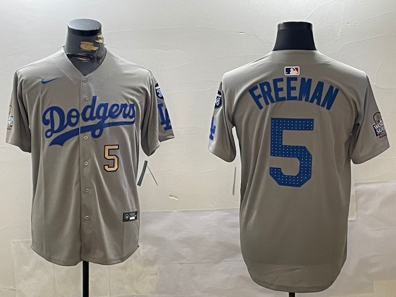 Men's Los Angeles Dodgers #5 Freddie Freeman Fashion Grey With 34 Fernando Memorial & 2024 WS Patch Cool Base Stitched Baseball Jersey 04