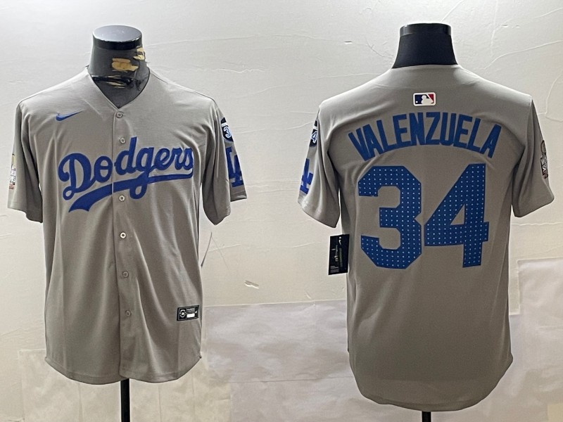 Men's Los Angeles Dodgers #34 Fernando Valenzuela Fashion Grey With 34 Fernando Memorial & 2024 WS Patch Cool Base Stitched Baseball Jersey