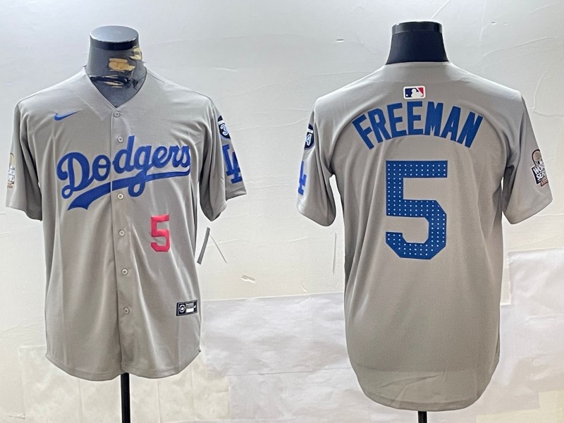 Men's Los Angeles Dodgers #5 Freddie Freeman Fashion Grey With 34 Fernando Memorial & 2024 WS Patch Cool Base Stitched Baseball Jerseys