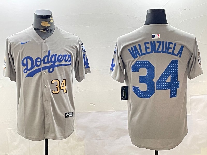 Men's Los Angeles Dodgers #34 Fernando Valenzuela Fashion Grey With 34 Fernando Memorial & 2024 WS Patch Cool Base Stitched Baseball Jersey 03