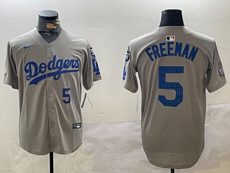 Men's Los Angeles Dodgers #5 Freddie Freeman Fashion Grey With 34 Fernando Memorial & 2024 WS Patch Cool Base Stitched Baseball Jersey 03