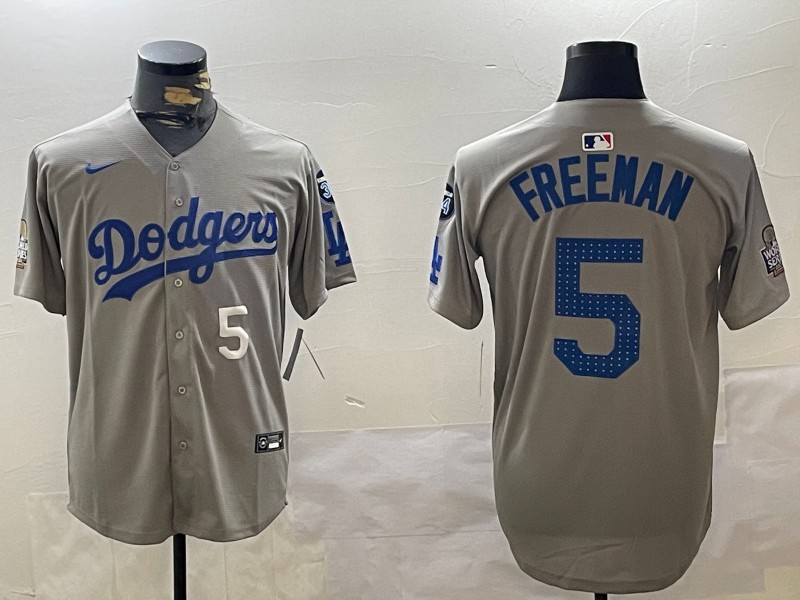 Men's Los Angeles Dodgers #5 Freddie Freeman Fashion Grey With 34 Fernando Memorial & 2024 WS Patch Cool Base Stitched Baseball Jersey 05