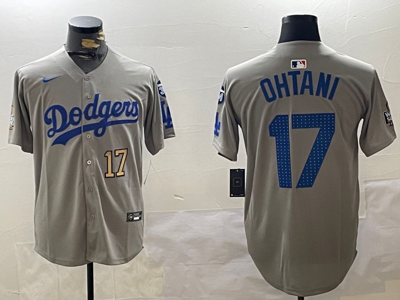 Men's Los Angeles Dodgers #17 Shohei Ohtani Fashion Grey With 34 Fernando Memorial & 2024 WS Patch Cool Base Stitched Baseball Jersey 04