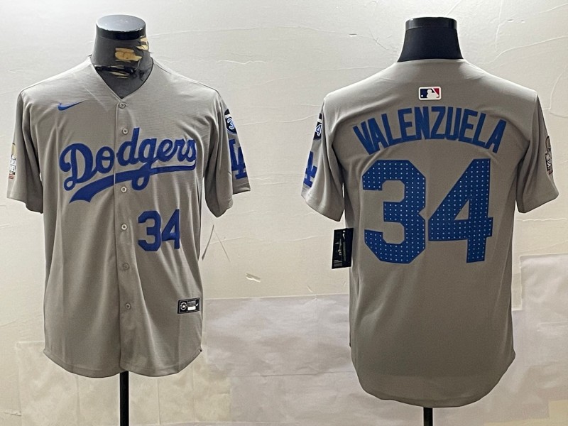 Men's Los Angeles Dodgers #34 Fernando Valenzuela Fashion Grey With 34 Fernando Memorial & 2024 WS Patch Cool Base Stitched Baseball Jersey 05