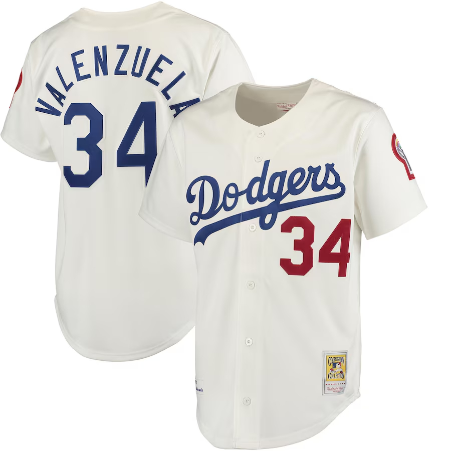 Men's Mitchell & Ness #34 Fernando Valenzuela Home White Los Angeles Dodgers 1981 Cooperstown Collection Jersey