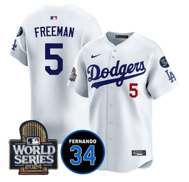 Men's Los Angeles Dodgers #5 Freddie Freeman White 2024 World Series With Fernando Memorial Patch Limited Stitched Baseball Jersey