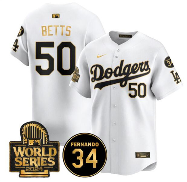 Men's Los Angeles Dodgers #50 Mookie Betts White_Gold 2024 World Series With Fernando Memorial Patch Limited Stitched Baseball Jersey