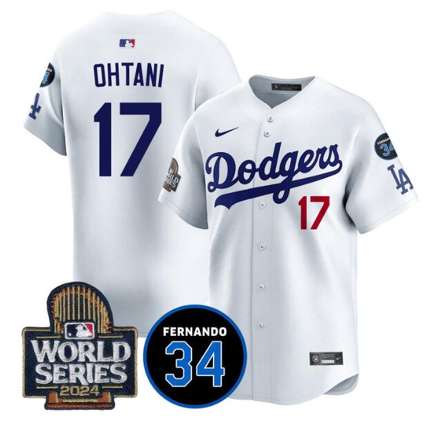 Men's Los Angeles Dodgers #17 Shohei Ohtani White 2024 World Series With Fernando Memorial Patch Limited Stitched Baseball Jersey