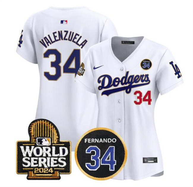 Women's Los Angeles Dodgers #34 Toro Valenzuela White 2024 World Series With Fernando Memorial Patch Home Limited Stitched Baseball Jersey(Run Small)