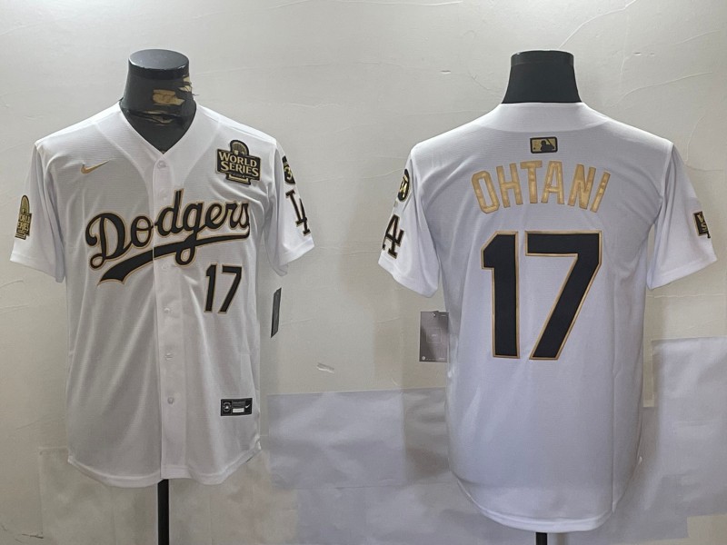 Men's Los Angeles Dodgers #17 Shohei Ohtani White Gold 2024 World Series With Fernando Memorial Patch Limited Stitched Baseball Nike Jersey