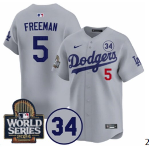 Men's Los Angeles Dodgers #5 Freddie Freeman Grey 2024 World Series With 34 Fernando Memorial Patch Fashion Limited Stitched Baseball Jersey