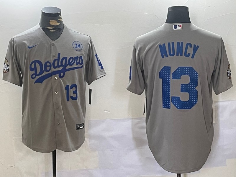 Men's Los Angeles Dodgers #13 Max Muncy Grey 2024 World Series With 34 Fernando Memorial Patch Fashion Limited Stitched Baseball Jersey 03