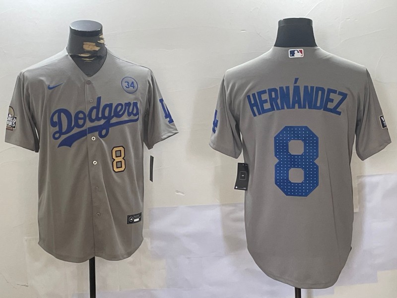 Men's Los Angeles Dodgers #8 Enrique Hernández Grey 2024 World Series With 34 Fernando Memorial Patch Fashion Limited Stitched Baseball Jersey 07