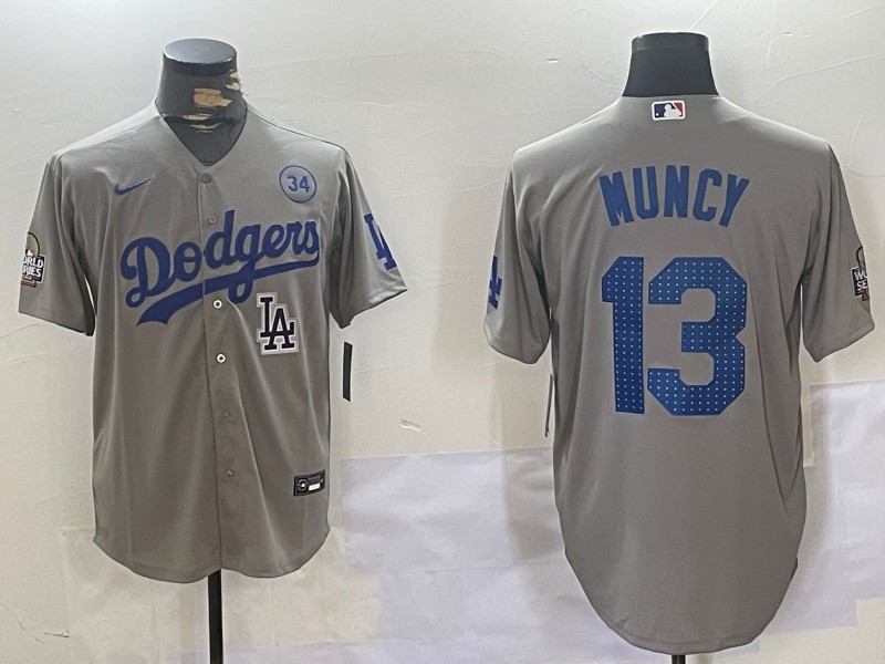 Men's Los Angeles Dodgers #13 Max Muncy Grey 2024 World Series With 34 Fernando Memorial Patch Fashion Limited Stitched Baseball Jersey 07