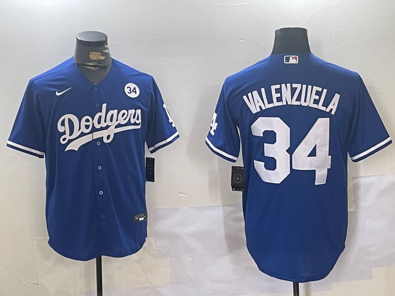 Men's Los Angeles Dodgers #34 Fernando Valenzuela Blue 34 Patch Cool Base Stitched Jersey