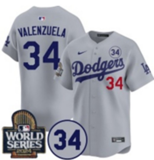 Men's Los Angeles Dodgers #34 Toro Valenzuela Grey 2024 World Series With 34 Fernando Memorial Patch Fashion Limited Stitched Baseball Jersey