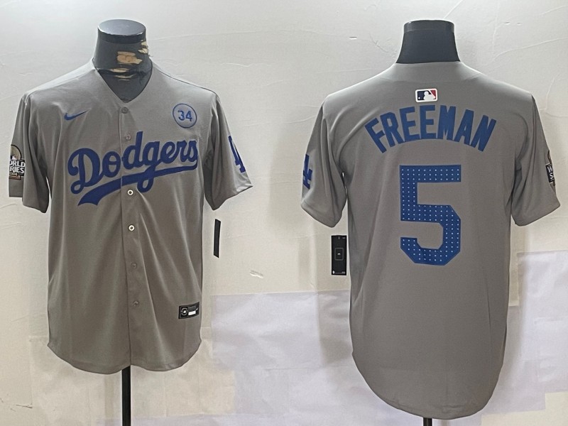 Men's Los Angeles Dodgers #5 Freddie Freeman Grey 2024 World Series With 34 Fernando Memorial Patch Fashion Limited Stitched Baseball Jersey 05