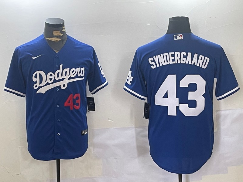 Men's Los Angeles Dodgers #43 Noah Syndergaard Number Blue Nike Cool Base Stitched Baseball Jersey