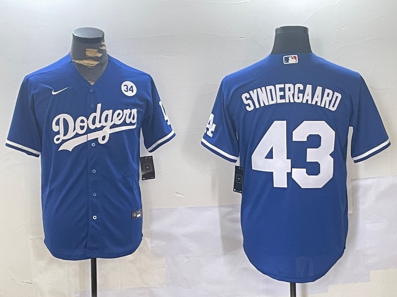 Men's Los Angeles Dodgers #43 Noah Syndergaard Blue 34 Patch Nike Cool Base Stitched Baseball Jersey