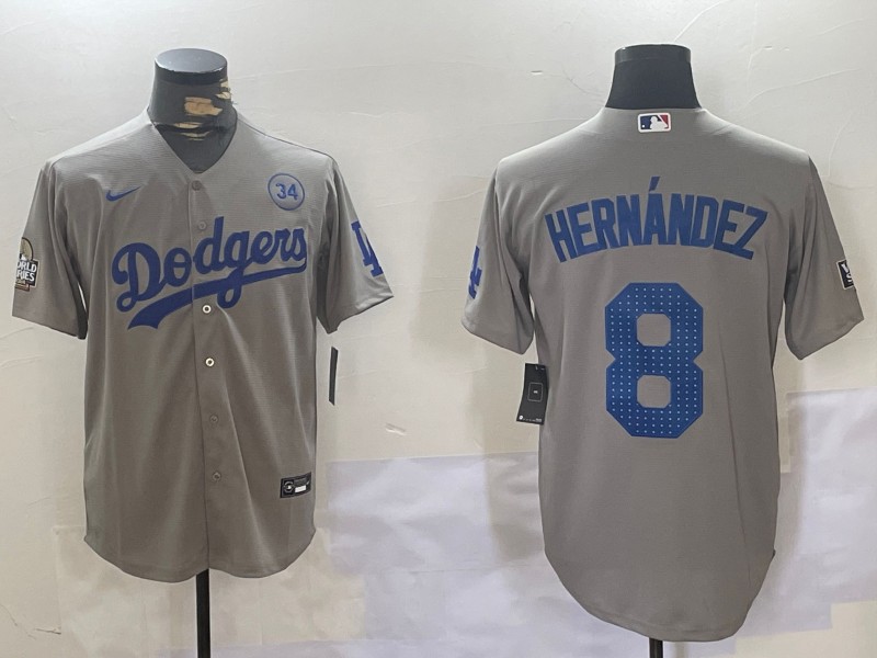 Men's Los Angeles Dodgers #8 Enrique Hernández Grey 2024 World Series With 34 Fernando Memorial Patch Fashion Limited Stitched Baseball Jersey 04