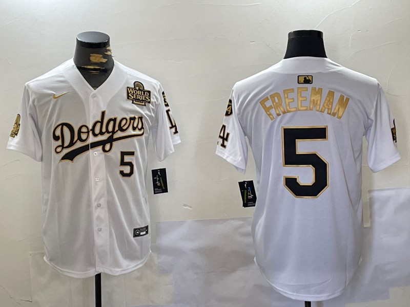 Men's Los Angeles Dodgers #5 Freddie Freeman White Gold 2024 World Series With Fernando Memorial Patch Limited Stitched Baseball Nike Jersey