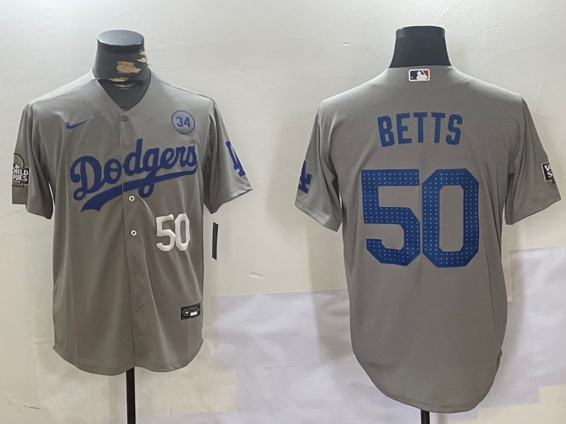 Men's Los Angeles Dodgers #50 Mookie Betts Grey 2024 World Series With 34 Fernando Memorial Patch Fashion Limited Stitched Baseball Jersey 02