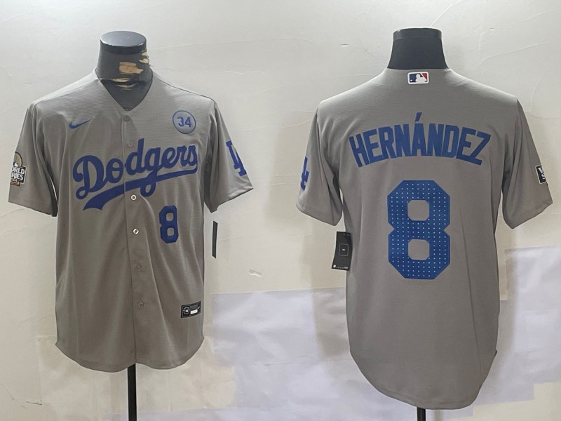 Men's Los Angeles Dodgers #8 Enrique Hernández Grey 2024 World Series With 34 Fernando Memorial Patch Fashion Limited Stitched Baseball Jersey 06