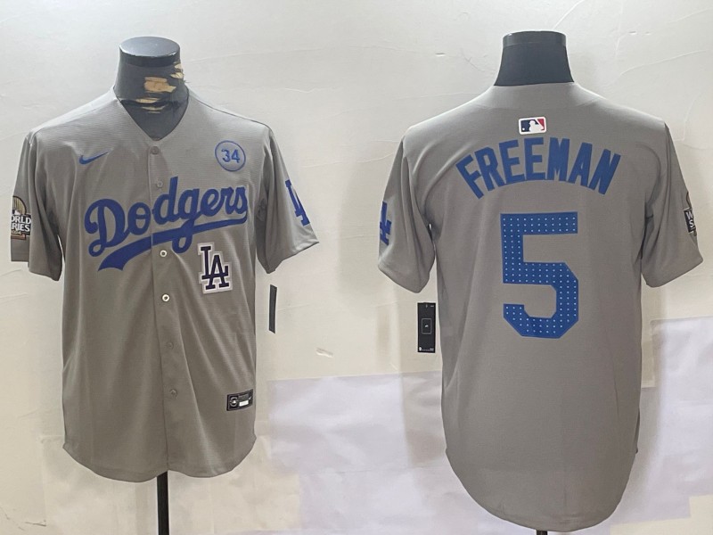 Men's Los Angeles Dodgers #5 Freddie Freeman Grey 2024 World Series With 34 Fernando Memorial Patch Fashion Limited Stitched Baseball Jersey 07