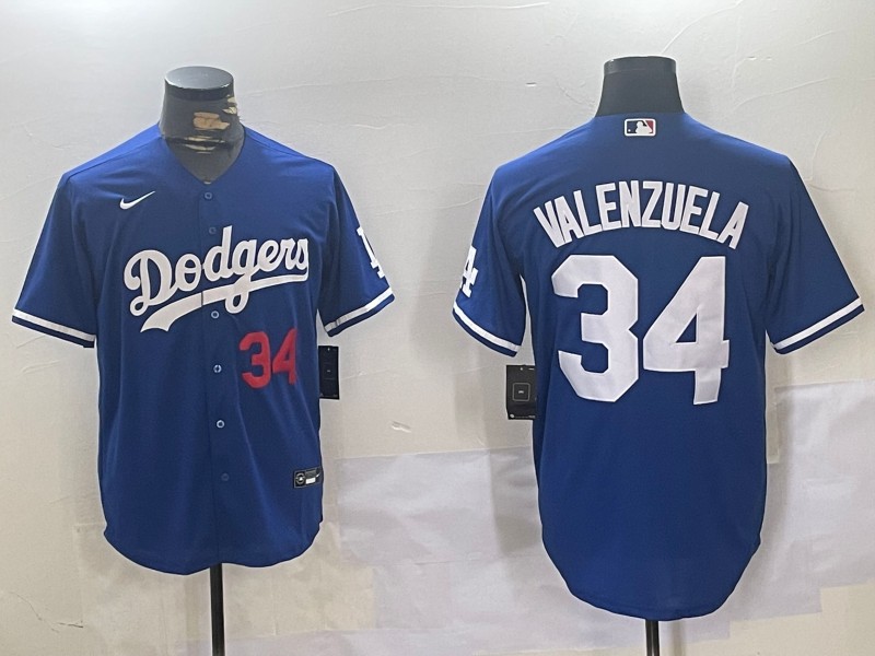 Men's Los Angeles Dodgers #34 Fernando Valenzuela Number Blue Cool Base Stitched Jersey