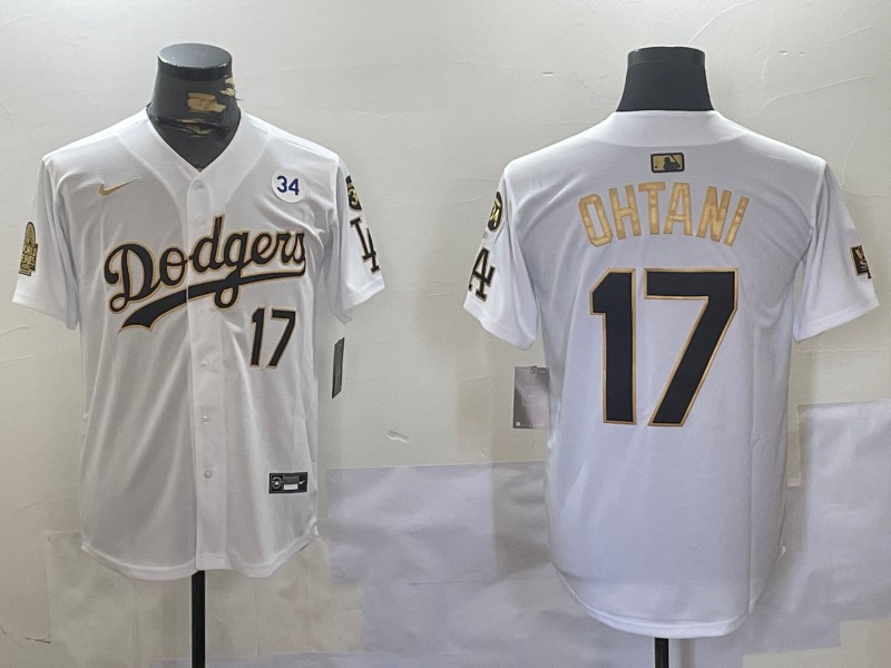 Men's Los Angeles Dodgers #17 Shohei Ohtani White Gold 2024 World Series With Fernando Memorial Patch Limited Stitched Nike Baseball Jersey