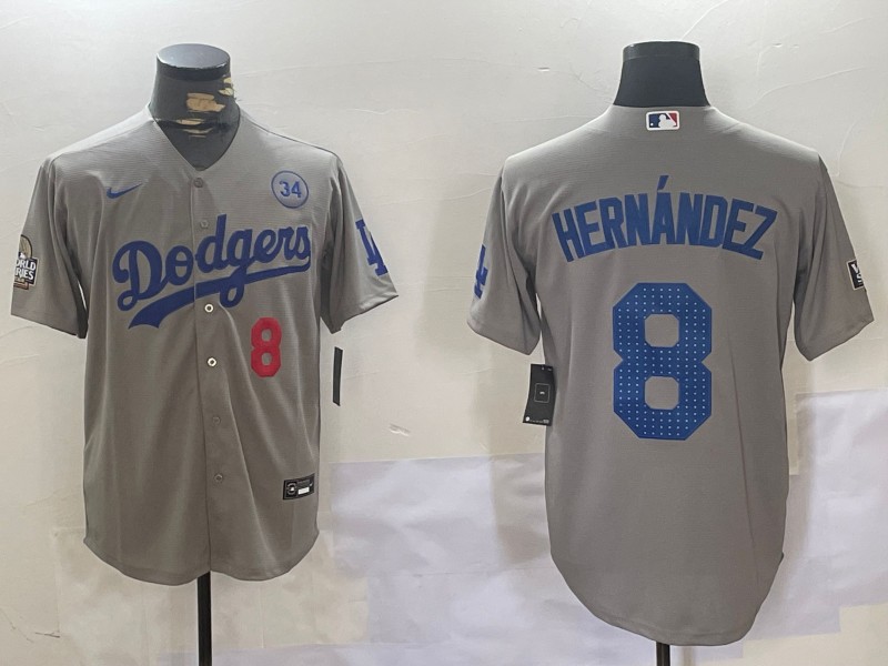 Men's Los Angeles Dodgers #8 Enrique Hernández Grey 2024 World Series With 34 Fernando Memorial Patch Fashion Limited Stitched Baseball Jerseys