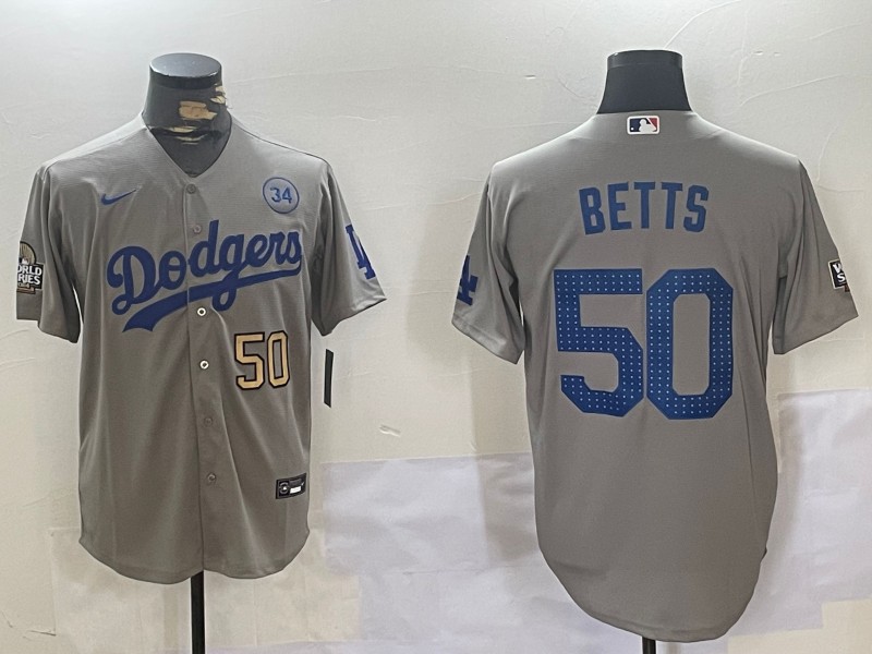 Men's Los Angeles Dodgers #50 Mookie Betts Grey 2024 World Series With 34 Fernando Memorial Patch Fashion Limited Stitched Baseball Jersey 03