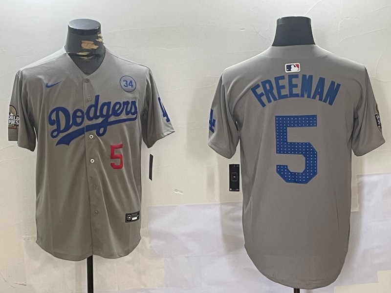 Men's Los Angeles Dodgers #5 Freddie Freeman Grey 2024 World Series With 34 Fernando Memorial Patch Fashion Limited Stitched Baseball Jerseys