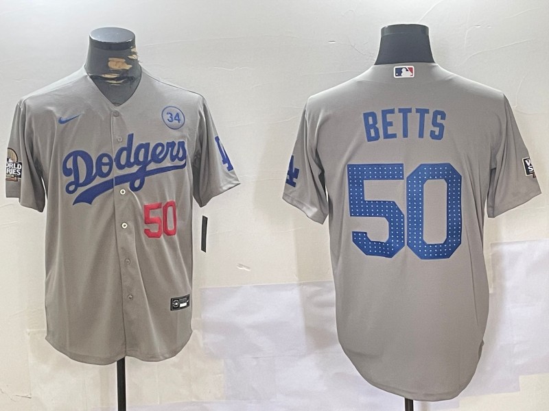 Men's Los Angeles Dodgers #50 Mookie Betts Grey 2024 World Series With 34 Fernando Memorial Patch Fashion Limited Stitched Baseball Jerseys