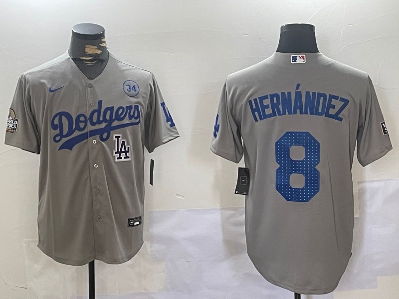 Men's Los Angeles Dodgers #8 Enrique Hernández Grey 2024 World Series With 34 Fernando Memorial Patch Fashion Limited Stitched Baseball Jersey 03